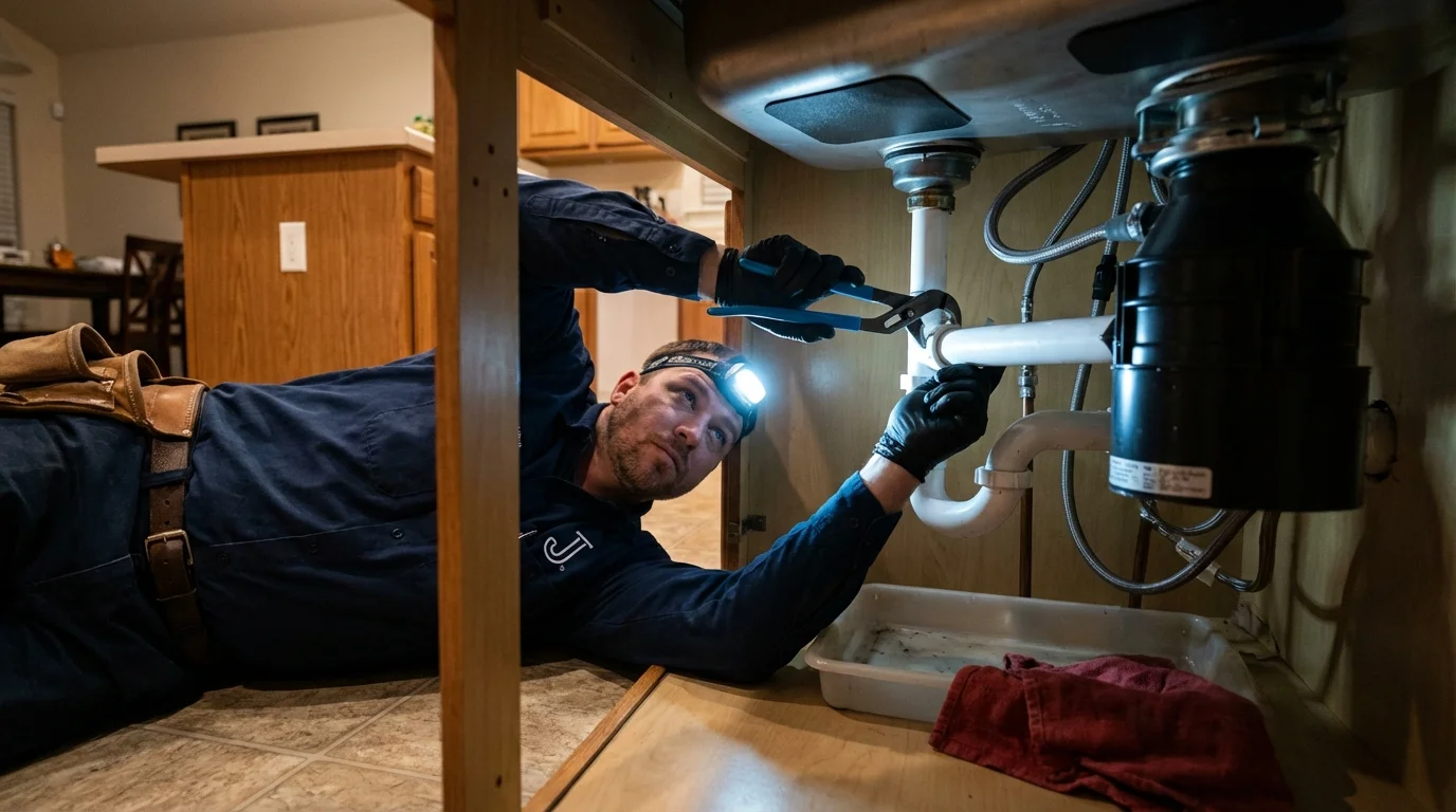 P-trap and supply line connections under a kitchen sink showing a common leak point in Edgerton, MN